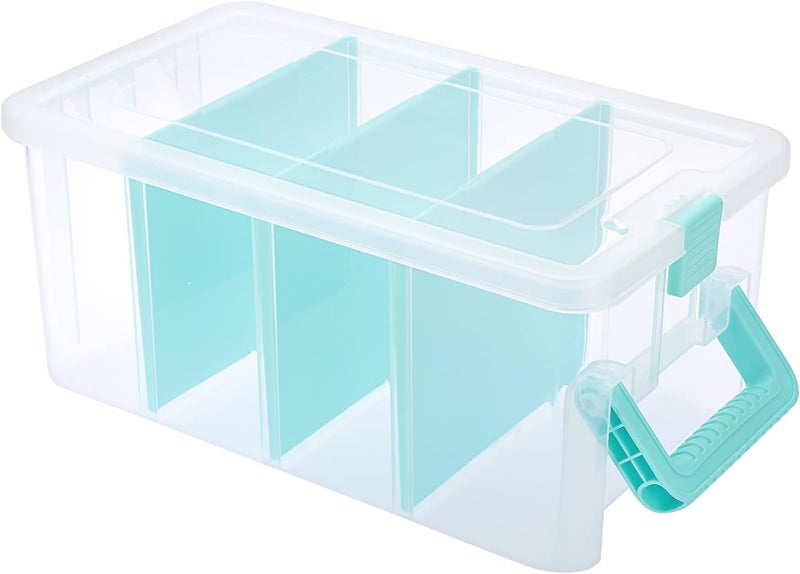 BTSKY Clear Plastic Dividing Storage Box with 4 Deep Compartments Adjustable Storage Bin with Lid Portable Craft Storage Container Multipurpose Sewing Box Art Supply Organizer, 13.9x7.9x6.2 Inches - Image 1